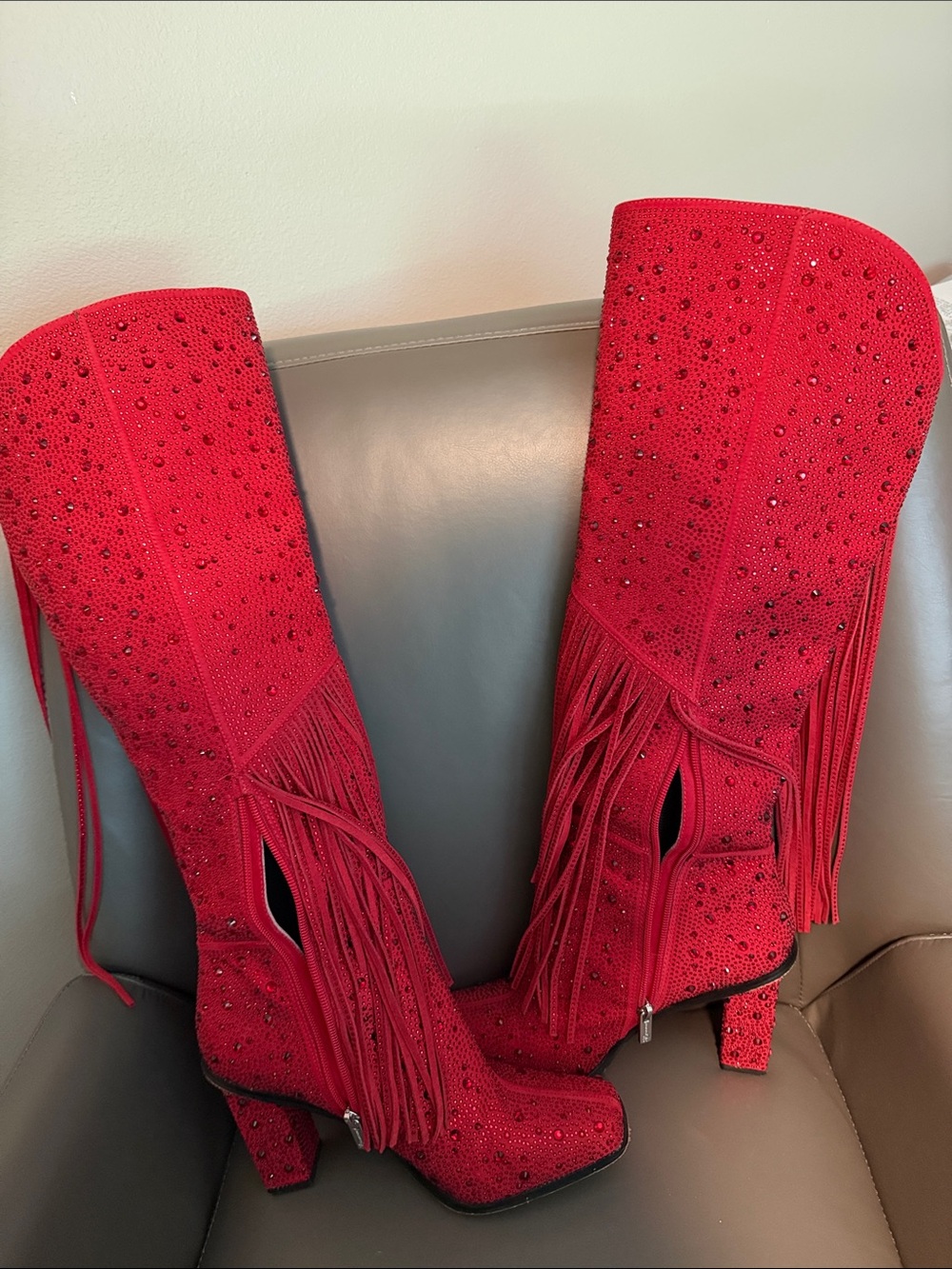 Jessica Simpson Red Rhinestone Fringe Over-the-Knee Boots - Picture 2 of 3